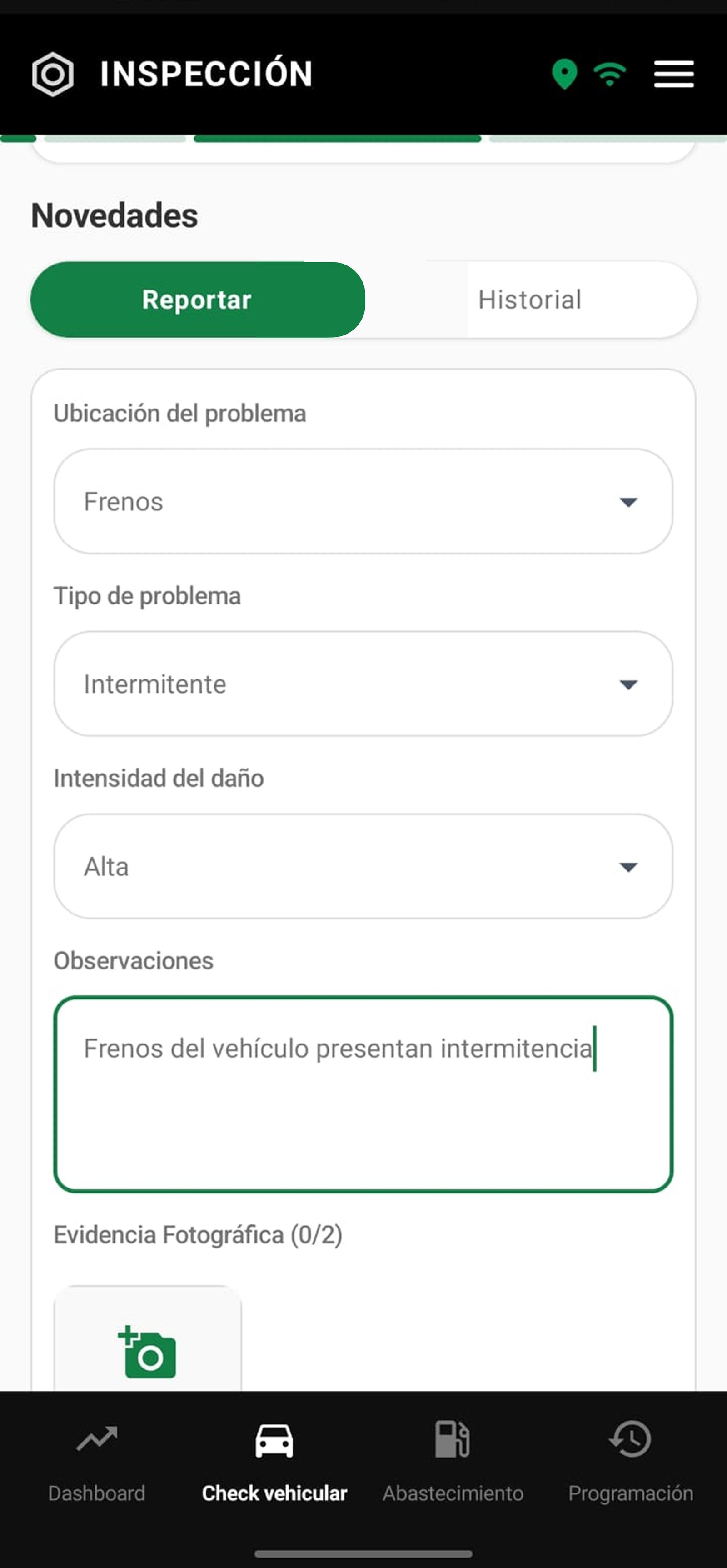 Pantalla oficial de inspección preoperacional - GOTEM On-Road