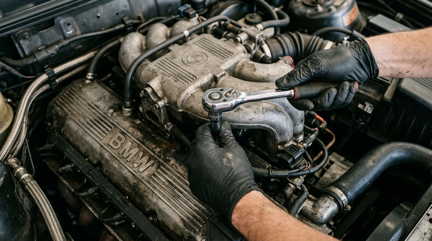Manos de técnico interviniendo motor de carro con herramientas